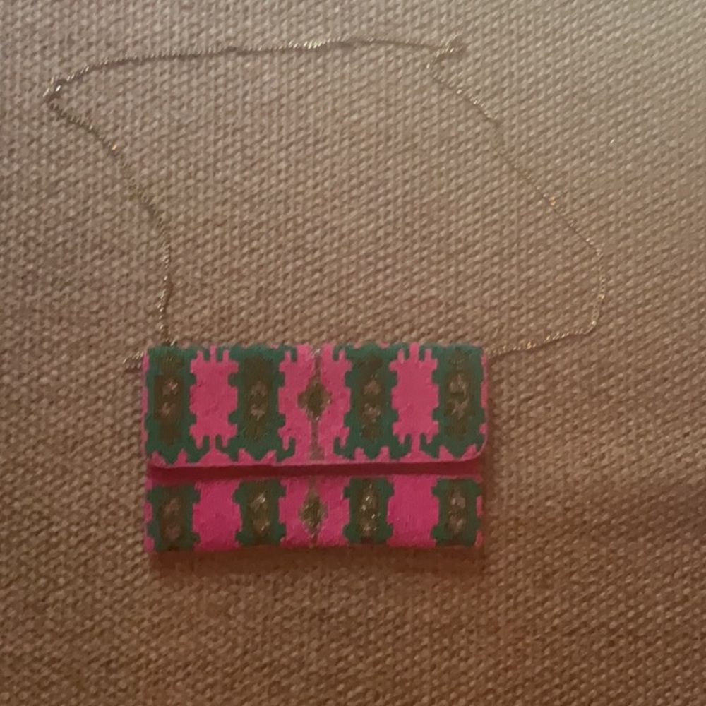 Pink and green beaded crossbody bag (does not have a brand)